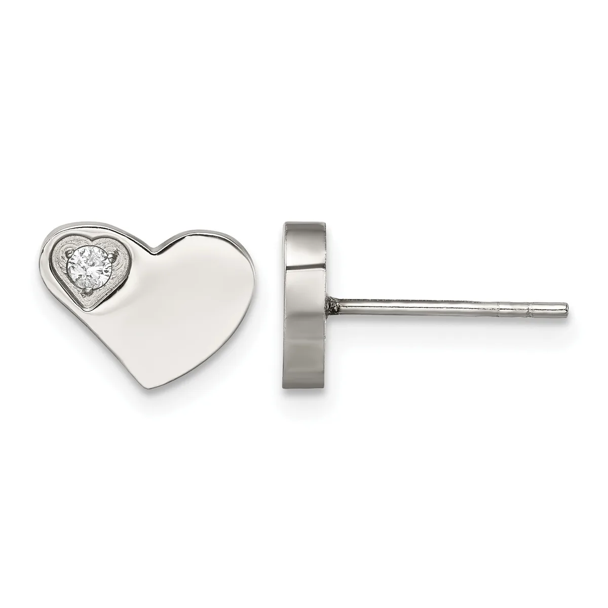 A pair of silver heart-shaped stud earrings, each featuring a round diamond set in the upper left corner, shown from front and back views.
