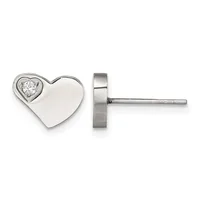 A pair of silver heart-shaped stud earrings, each featuring a round diamond set in the upper left corner, shown from front and back views.