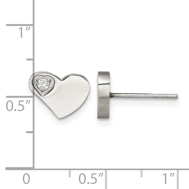 Heart-shaped stud earring with a small diamond accent displayed against a measurement scale, shown from front and side views.