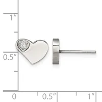 Heart-shaped stud earring with a small diamond accent displayed against a measurement scale, shown from front and side views.