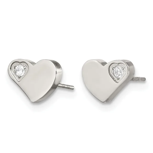 A pair of silver heart-shaped stud earrings with small diamond accents set in bezel settings on the upper left and right corners of each heart.