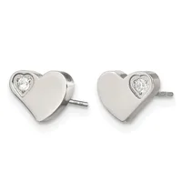 A pair of silver heart-shaped stud earrings with small diamond accents set in bezel settings on the upper left and right corners of each heart.