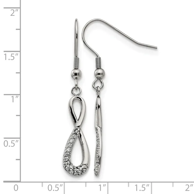 Pair of silver-tone dangle earrings with teardrop shapes featuring crystal or rhinestone accents, displayed against a ruler showing approximately 1.25 inches in length.