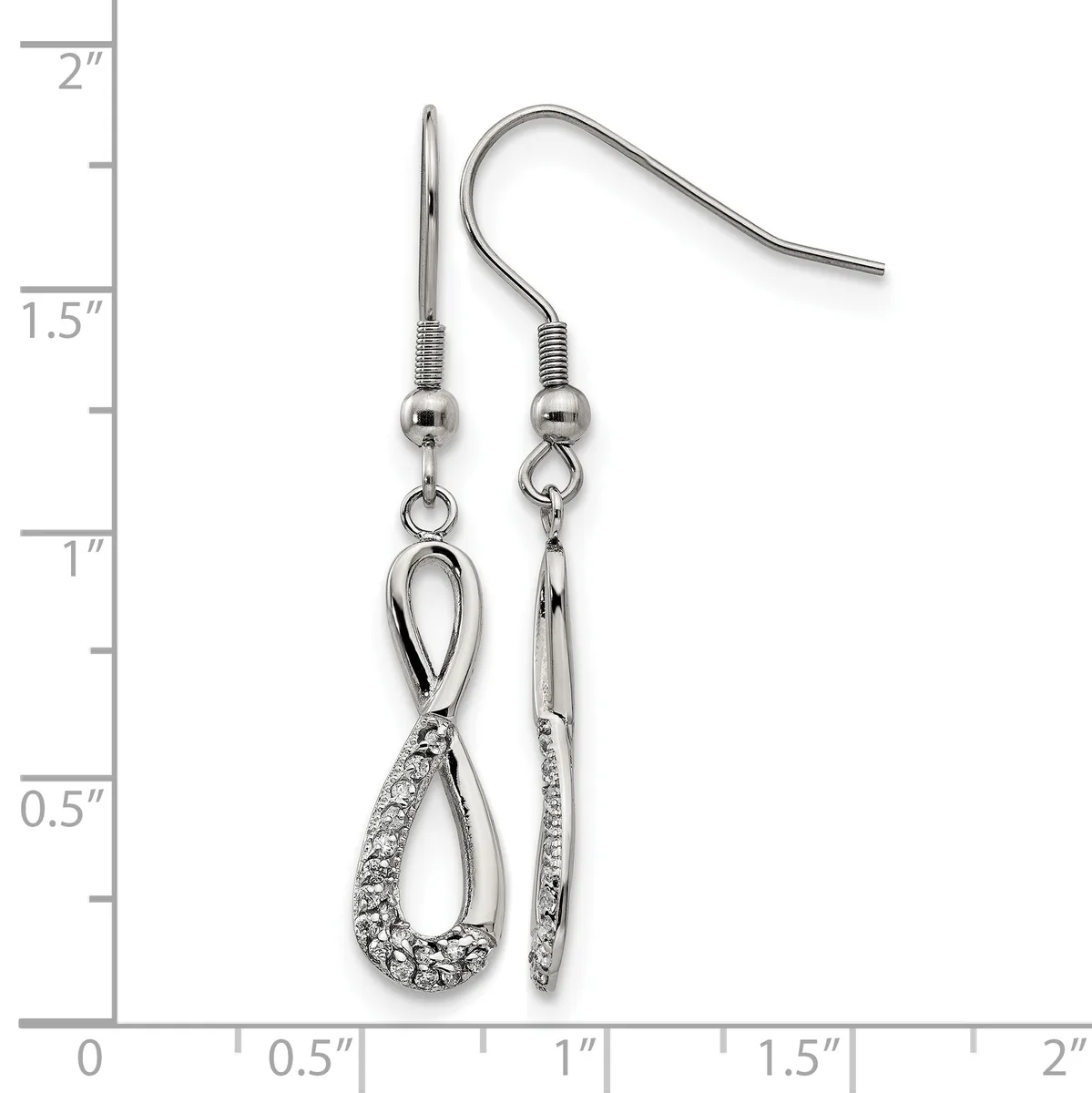 Pair of silver-tone dangle earrings with teardrop shapes featuring crystal or rhinestone accents, displayed against a ruler showing approximately 1.25 inches in length.