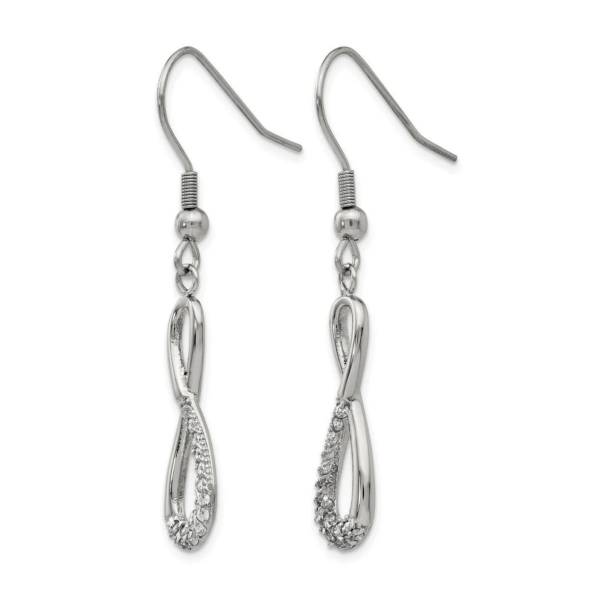 A pair of silver teardrop earrings with textured surfaces and fish hook wires, displayed against a white background.