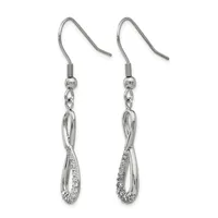 A pair of silver teardrop earrings with textured surfaces and fish hook wires, displayed against a white background.
