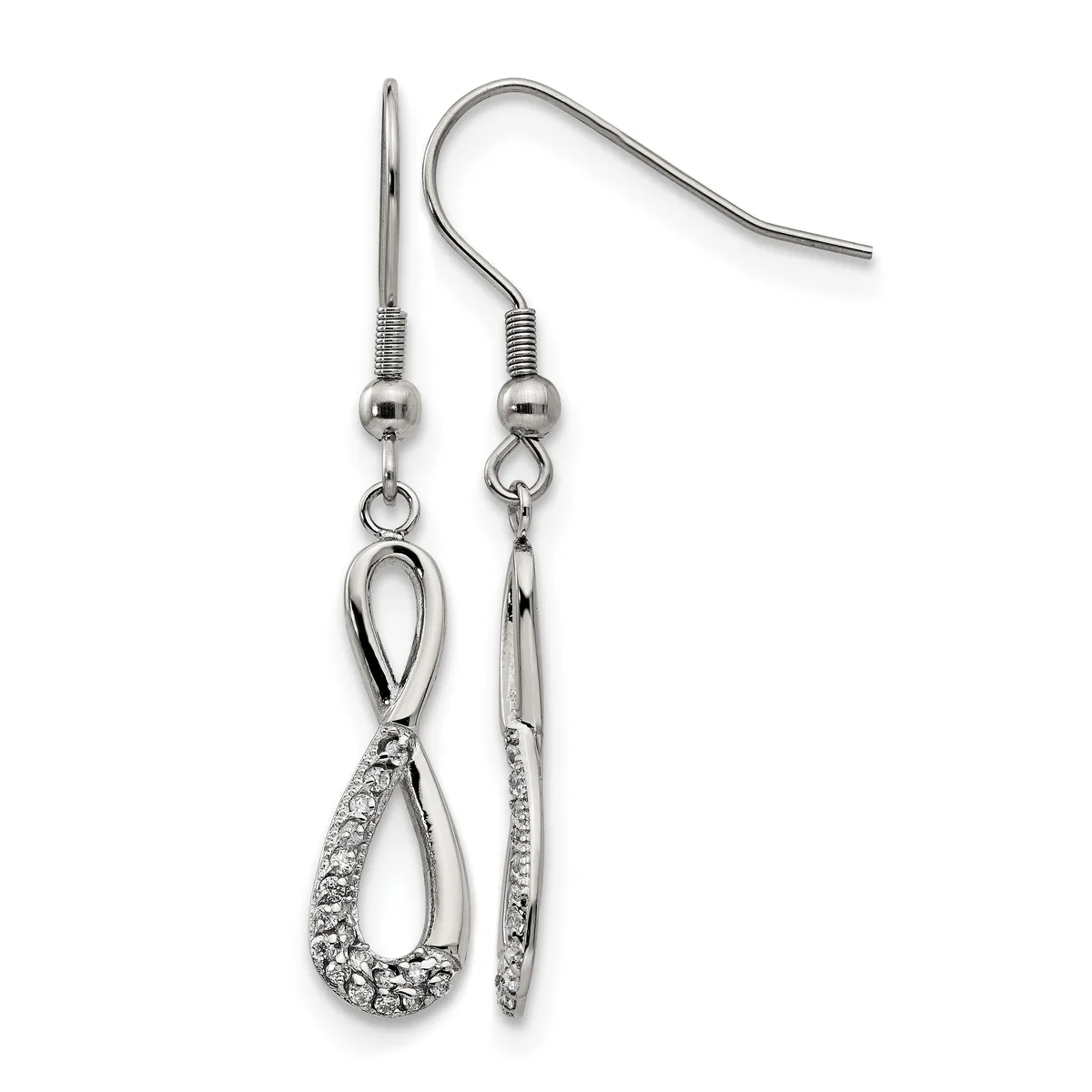 Pair of silver-toned dangle earrings with fish hook wires, featuring teardrop and elongated oval shapes decorated with rhinestones.