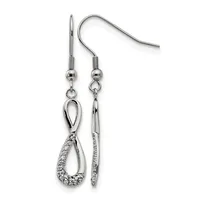 Pair of silver-toned dangle earrings with fish hook wires, featuring teardrop and elongated oval shapes decorated with rhinestones.