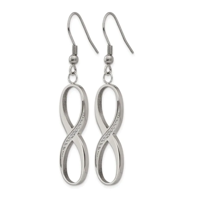 A pair of silver-toned dangle earrings with infinity symbol pendants decorated with small crystals or rhinestones along one side, suspended from fish hook wires.