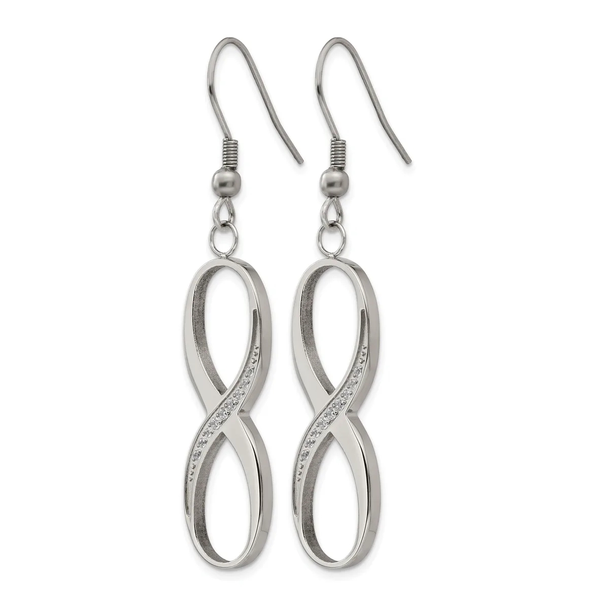 A pair of silver-toned dangle earrings with infinity symbol pendants decorated with small crystals or rhinestones along one side, suspended from fish hook wires.