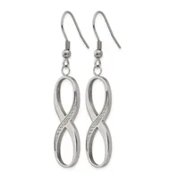 A pair of silver-toned dangle earrings with infinity symbol pendants decorated with small crystals or rhinestones along one side, suspended from fish hook wires.