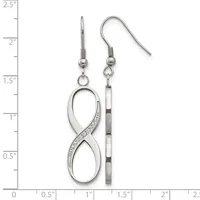 A pair of silver earrings with fish hook wires displayed on a ruler showing measurements up to 2.5 inches, featuring infinity symbol pendants with crystal accents and cylindrical bead details.