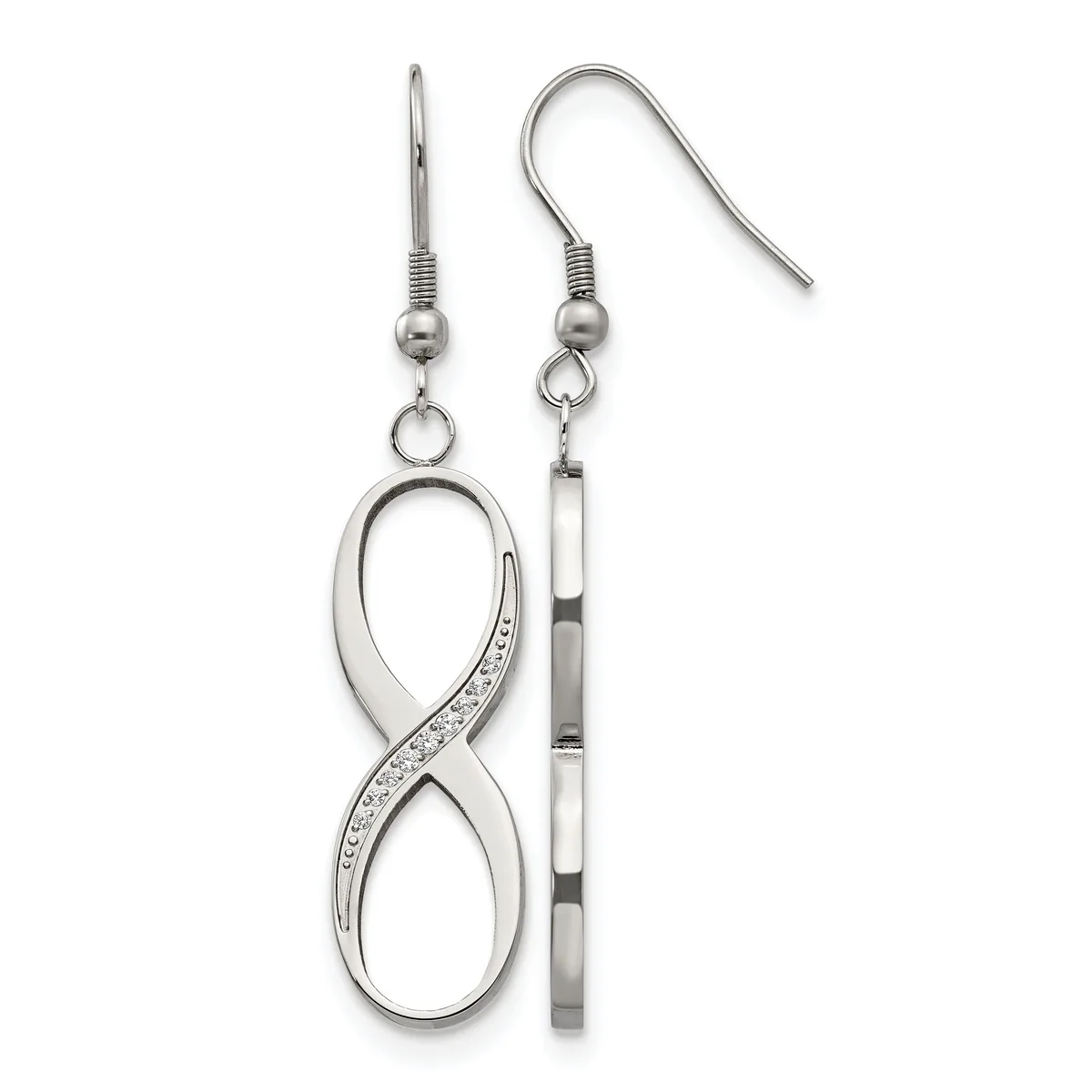 A pair of sterling silver dangle earrings featuring an infinity symbol embellished with small crystals on one earring and a striped rectangular bar on the other, suspended from fish hook ear wires.