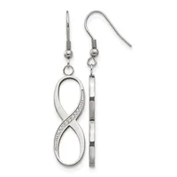 A pair of sterling silver dangle earrings featuring an infinity symbol embellished with small crystals on one earring and a striped rectangular bar on the other, suspended from fish hook ear wires.