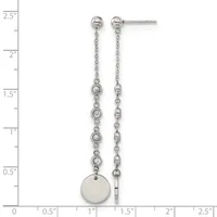 Pair of silver dangle earrings with ball studs, featuring chains set with small round crystals and a larger disc pendant on one side, displayed against a measurement ruler.