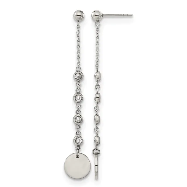 Pair of sterling silver dangle earrings with small round cubic zirconia stones along the chain and a polished disc pendant at the bottom.