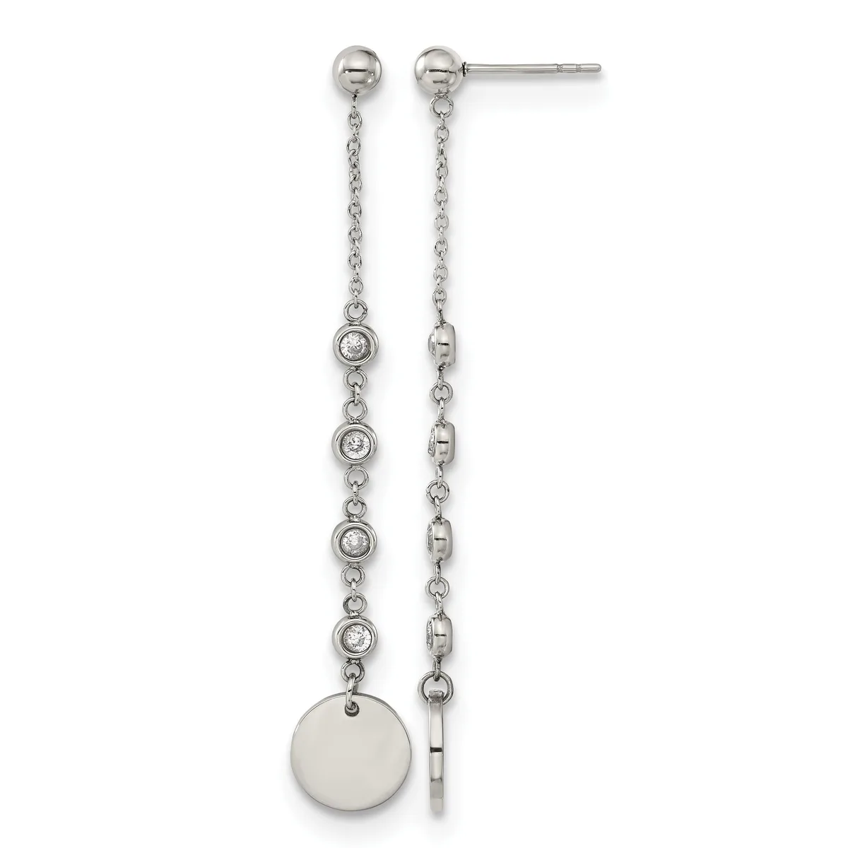 Pair of sterling silver dangle earrings with small round cubic zirconia stones along the chain and a polished disc pendant at the bottom.