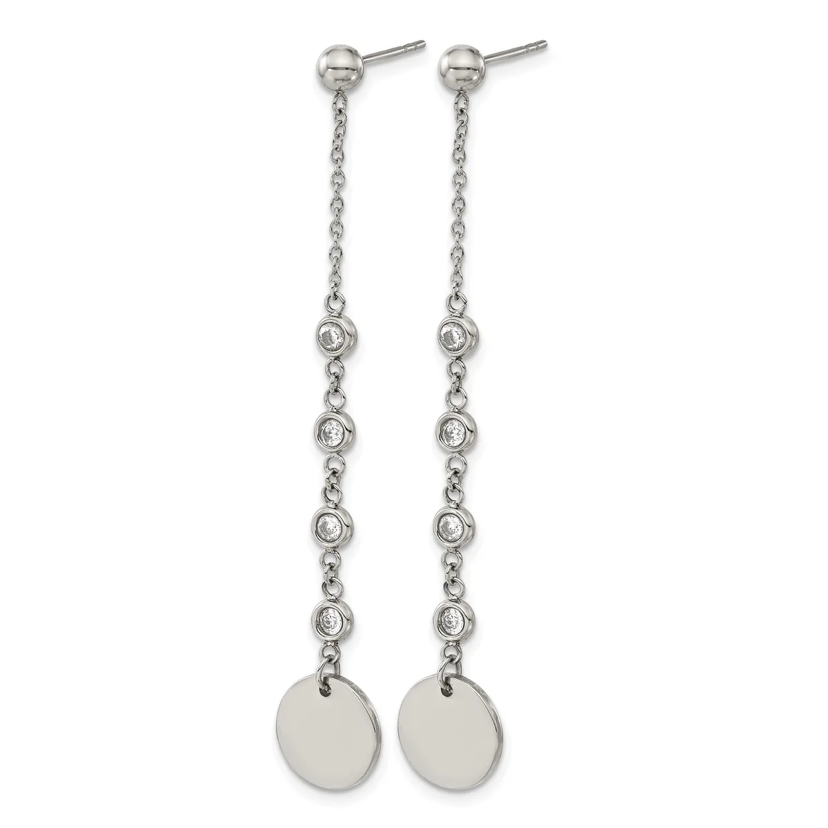 A pair of long silver dangle earrings with stud posts, featuring delicate chains adorned with small round bezel-set diamonds, terminating in polished circular disc drops.