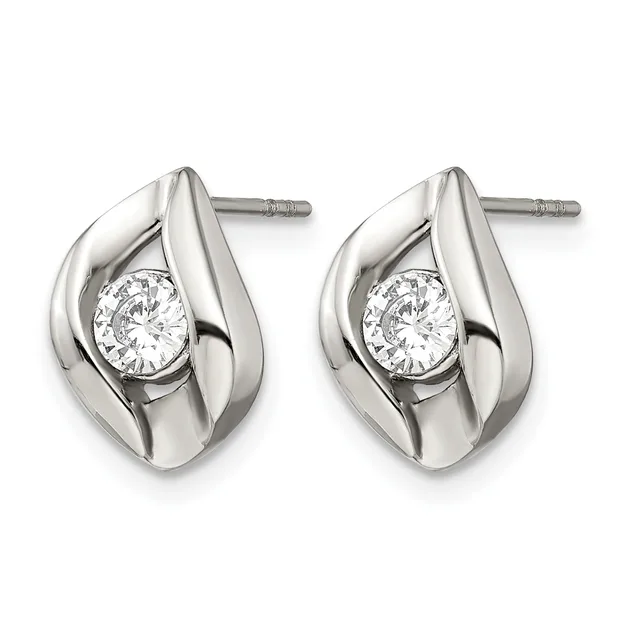 Pair of silver teardrop-shaped stud earrings with round diamond centers, displayed side by side against a white background.
