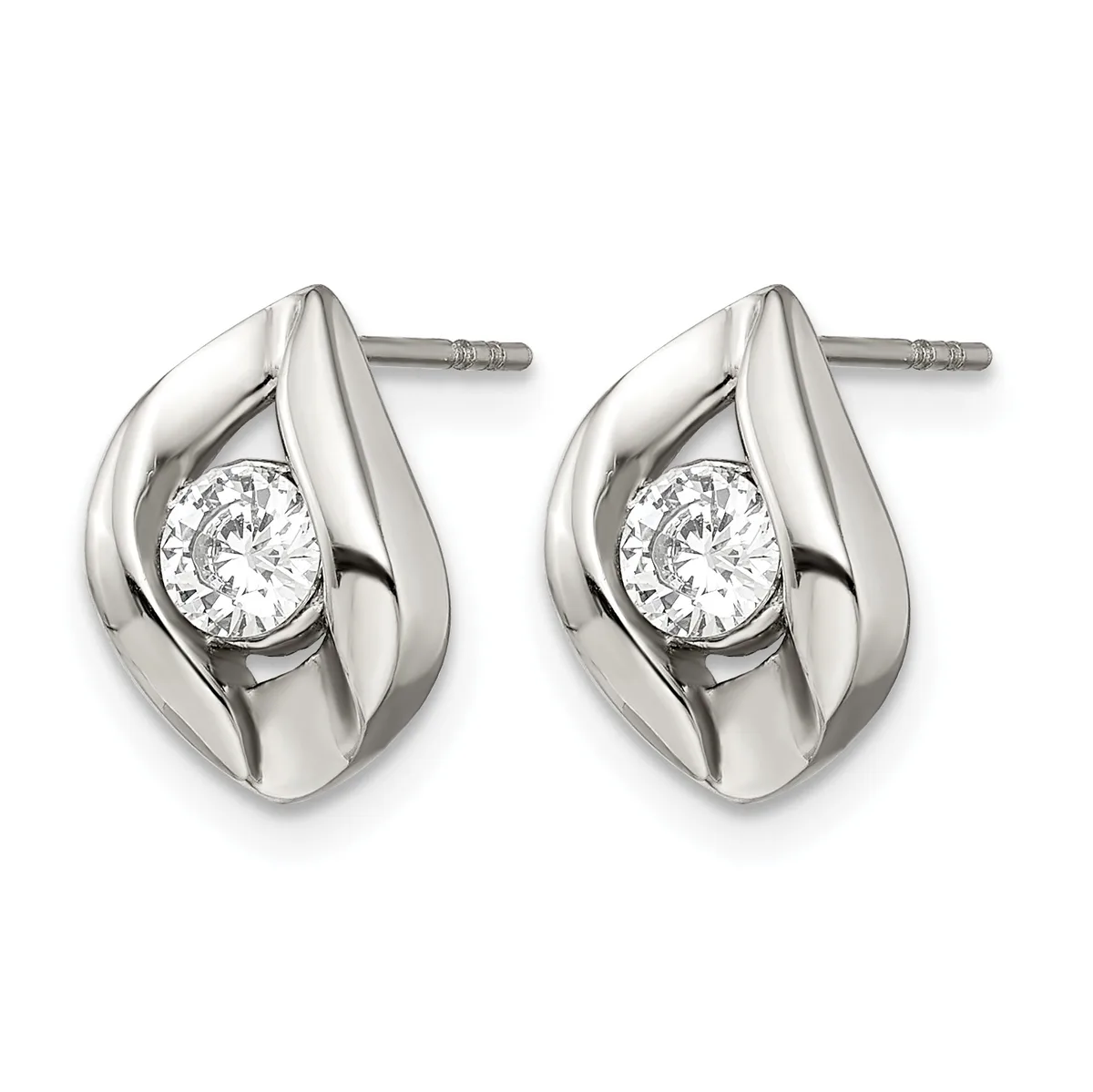 Pair of silver teardrop-shaped stud earrings with round diamond centers, displayed side by side against a white background.