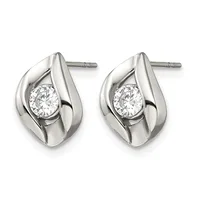 Pair of silver teardrop-shaped stud earrings with round diamond centers, displayed side by side against a white background.