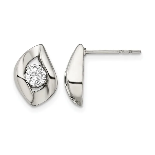 A pair of silver teardrop-shaped stud earrings with polished surfaces, each featuring a round clear gemstone set in the center, shown from front and side views.