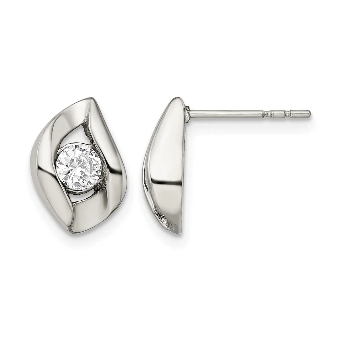 A pair of silver teardrop-shaped stud earrings with polished surfaces, each featuring a round clear gemstone set in the center, shown from front and side views.