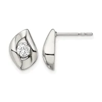 A pair of silver teardrop-shaped stud earrings with polished surfaces, each featuring a round clear gemstone set in the center, shown from front and side views.