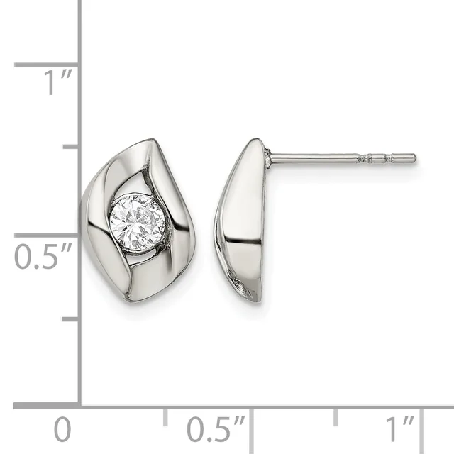 A pair of silver stud earrings with curved, teardrop-shaped settings each holding a round diamond, shown front and back views against a measurement scale.