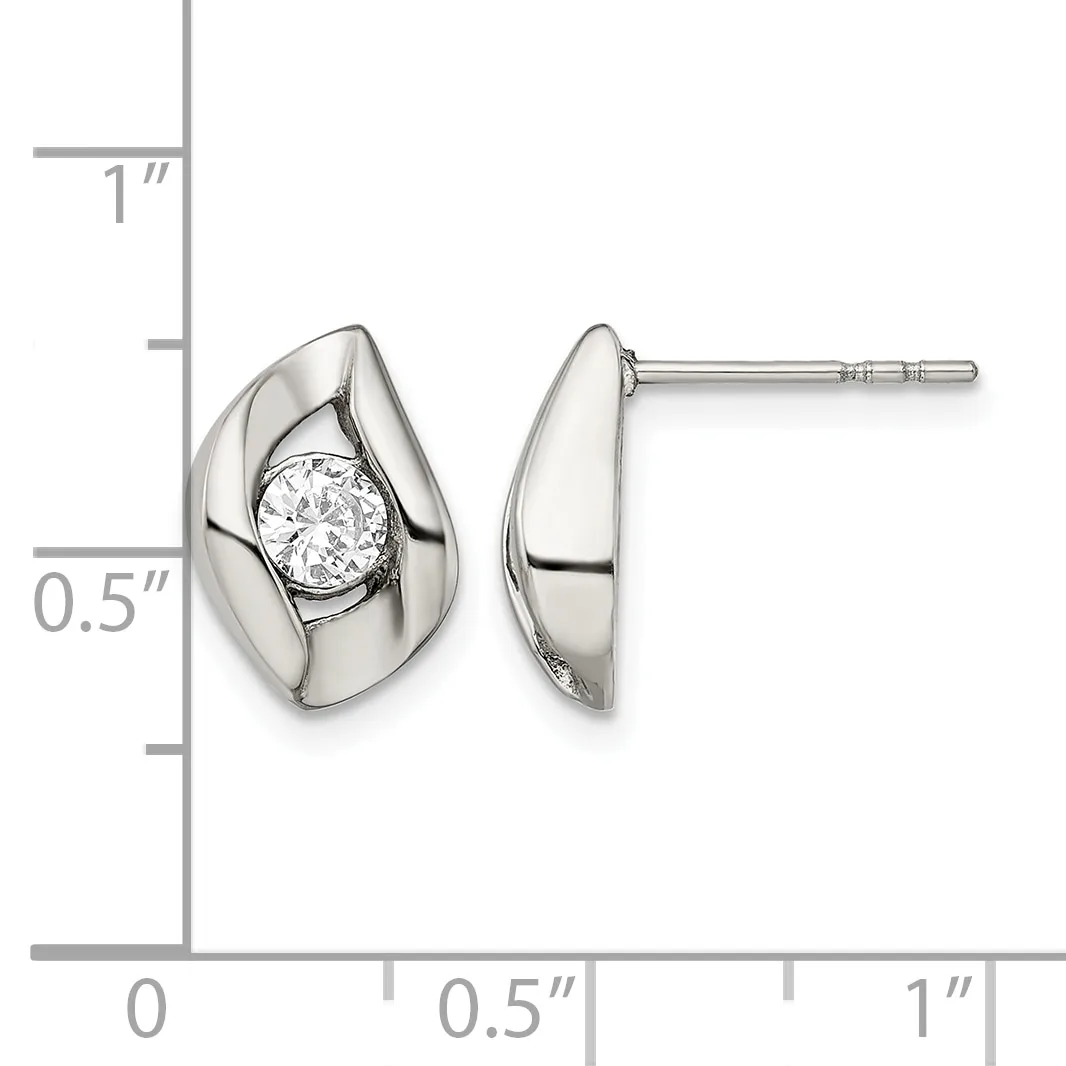 A pair of silver stud earrings with curved, teardrop-shaped settings each holding a round diamond, shown front and back views against a measurement scale.