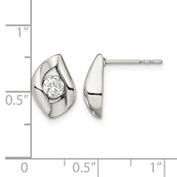 A pair of silver stud earrings with curved, teardrop-shaped settings each holding a round diamond, shown front and back views against a measurement scale.