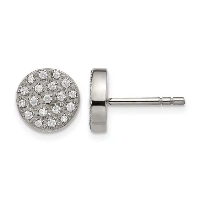 Pair of stud earrings with round white diamond clusters set in polished white metal, shown from front and side view.
