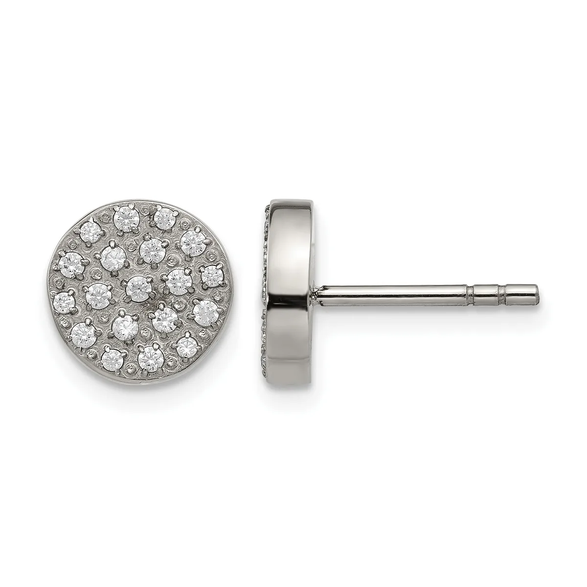 Pair of stud earrings with round white diamond clusters set in polished white metal, shown from front and side view.
