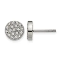 Pair of stud earrings with round white diamond clusters set in polished white metal, shown from front and side view.