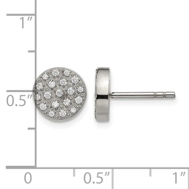 A pair of round diamond stud earrings with a pave setting on a sterling silver post and backing, shown at actual size on a measurement ruler.