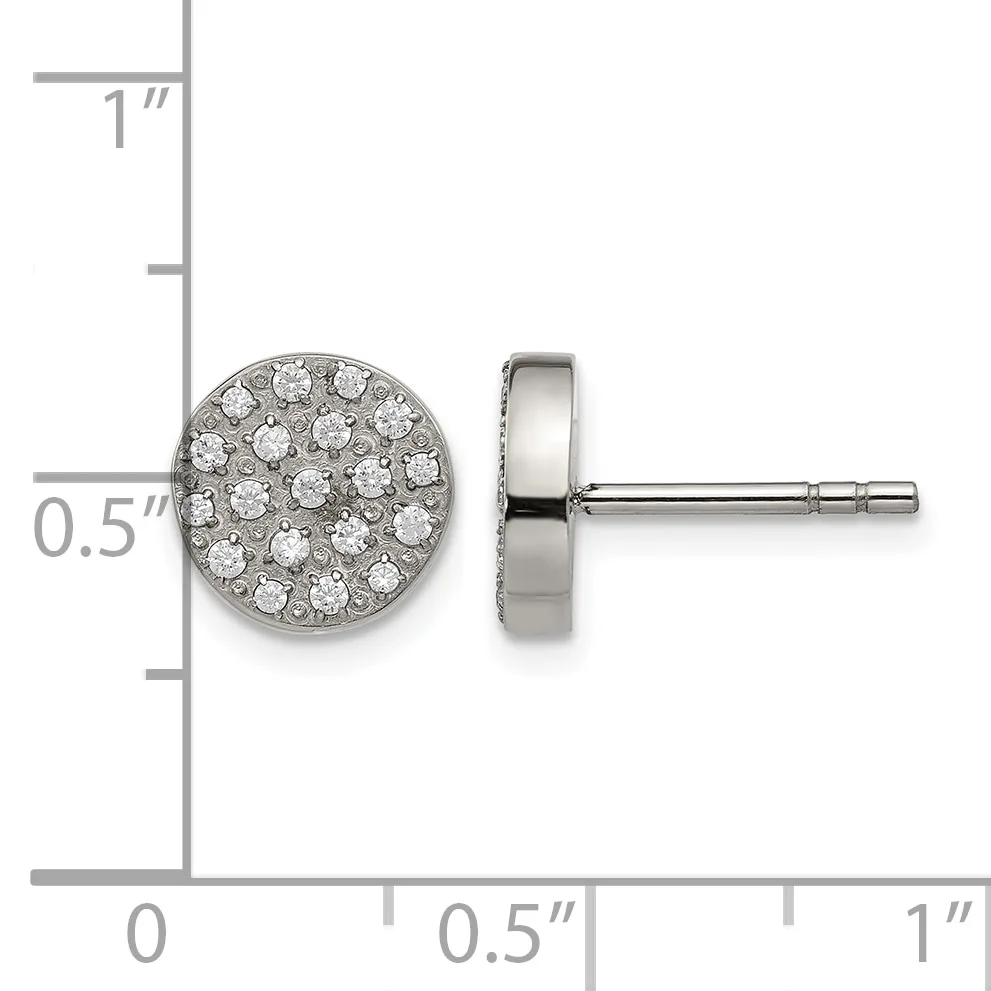 A pair of round diamond stud earrings with a pave setting on a sterling silver post and backing, shown at actual size on a measurement ruler.