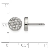 A pair of round diamond stud earrings with a pave setting on a sterling silver post and backing, shown at actual size on a measurement ruler.