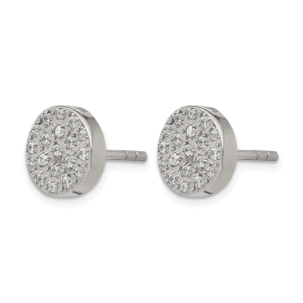 A pair of round stud earrings with silver posts, each featuring a flat circular face densely set with small clear crystals or diamonds.