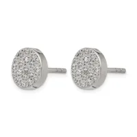 A pair of round stud earrings with silver posts, each featuring a flat circular face densely set with small clear crystals or diamonds.