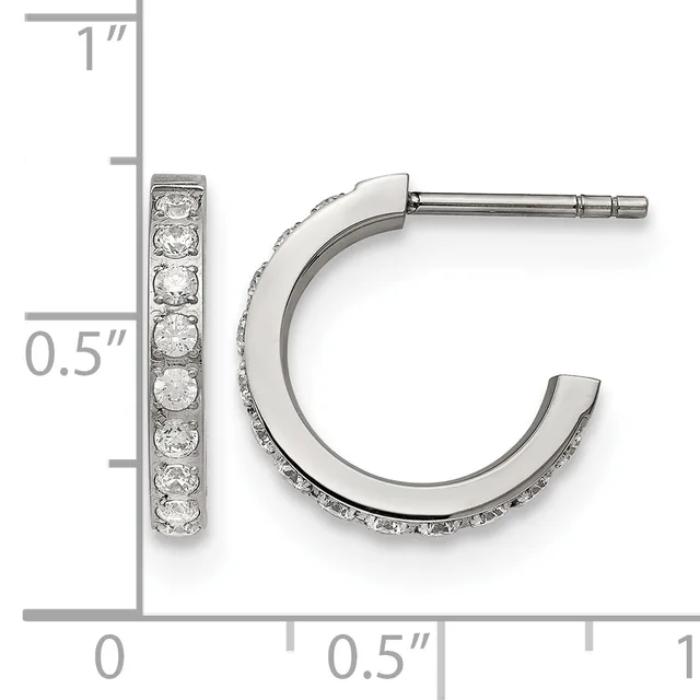 Silver hoop earrings with round diamond accents set along the front, displayed next to a ruler showing approximately one inch in height and half inch in width.