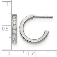Silver hoop earrings with round diamond accents set along the front, displayed next to a ruler showing approximately one inch in height and half inch in width.
