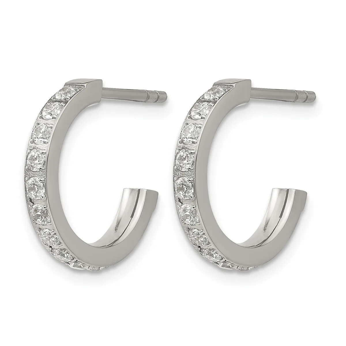 Pair of silver hoop earrings with diamond or crystal accents along the outer curved surface, shown from the front against a white background.