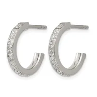 Pair of silver hoop earrings with diamond or crystal accents along the outer curved surface, shown from the front against a white background.