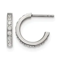A pair of silver hoop earrings with channel-set round cubic zirconia stones along the front, shown from the front and side view.