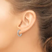 A person wearing a curved C-shaped hoop earring with a textured surface in the earlobe, shown from a side view.