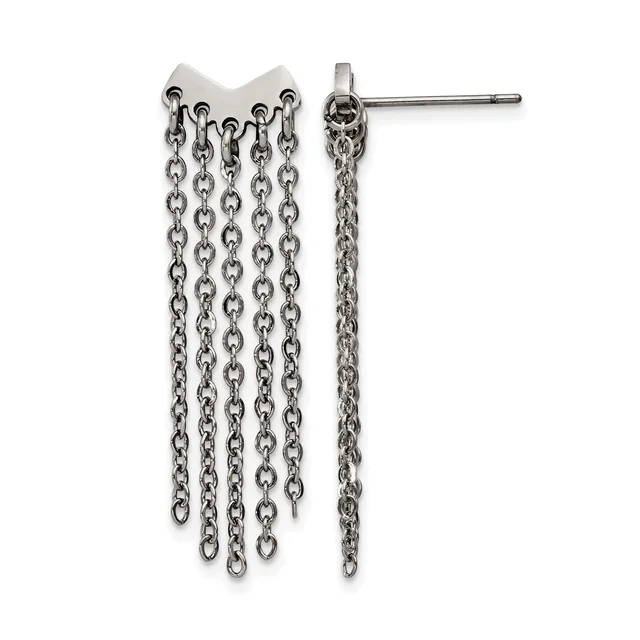 Pair of silver-toned chain dangle earrings with a textured post and curved connector, shown from front and side views.