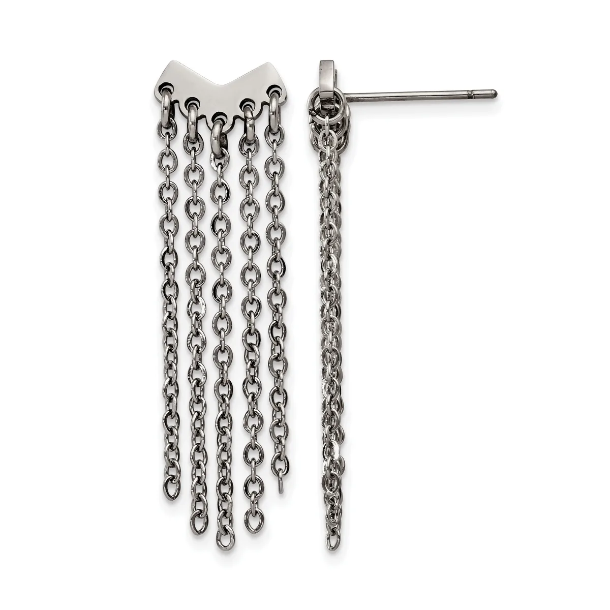 Pair of silver-toned chain dangle earrings with a textured post and curved connector, shown from front and side views.