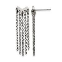 Pair of silver-toned chain dangle earrings with a textured post and curved connector, shown from front and side views.