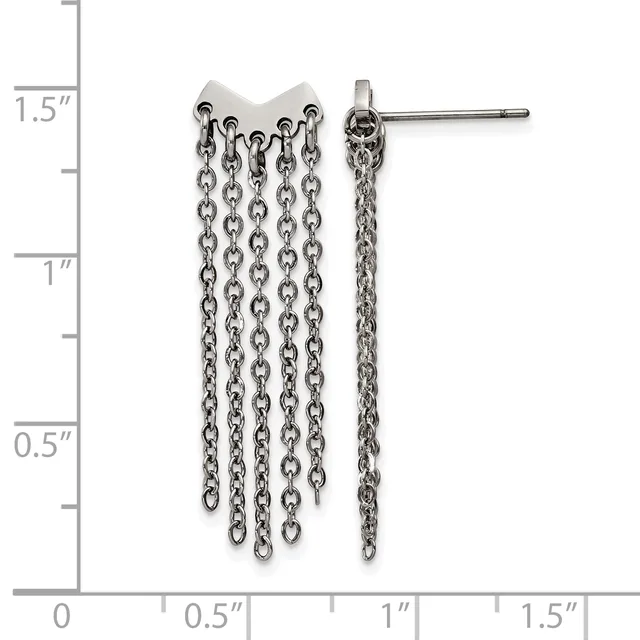 Pair of silver-toned chain tassel earrings with stud posts, shown against a measurement ruler indicating approximately 1.5 inches in length.