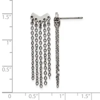 Pair of silver-toned chain tassel earrings with stud posts, shown against a measurement ruler indicating approximately 1.5 inches in length.